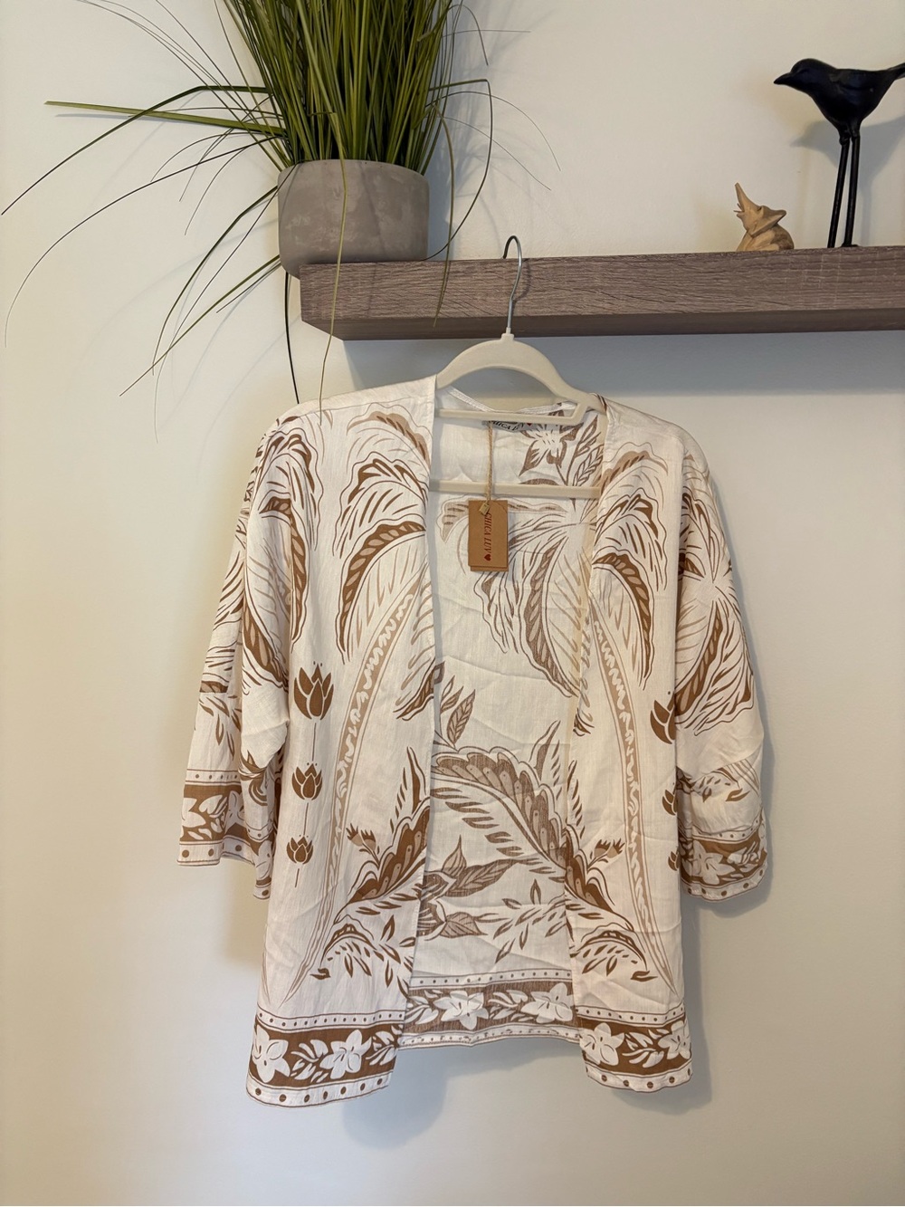 Light Cream & Tan Floral Print Open Kimono Cardigan viscose